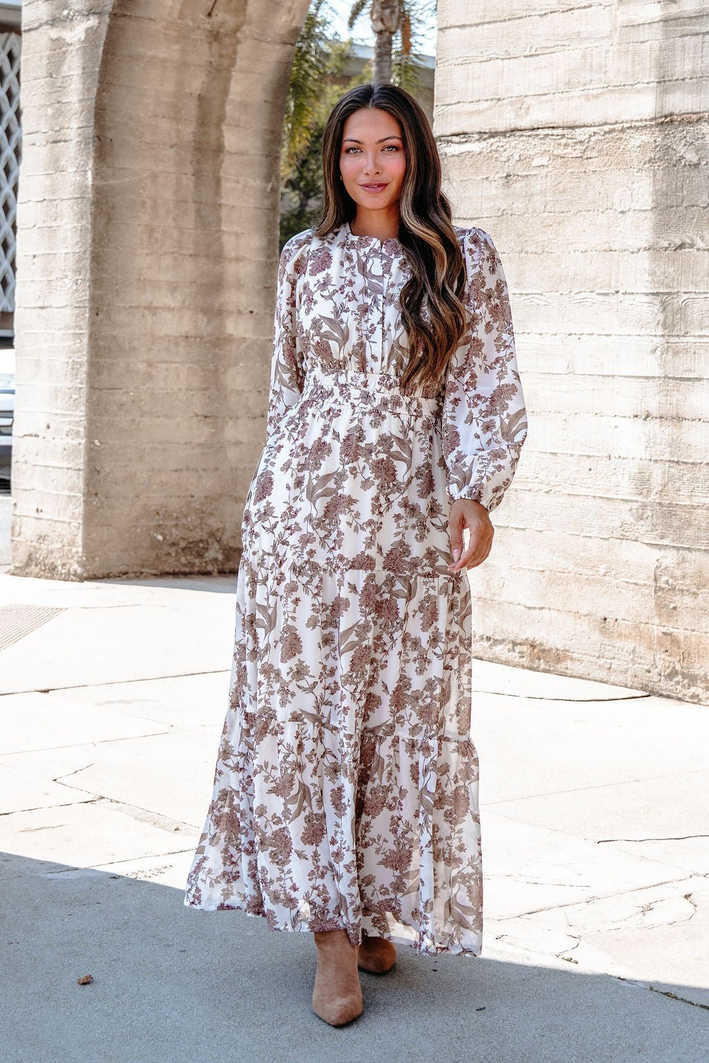 Cream Floral Print Tiered Maxi Dress