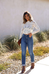 Cream Mock Neck Fishnet Top