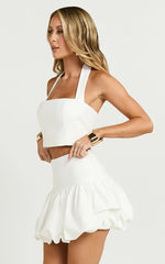 Abellina Mini Skirt - High Waist Bubble Hem Skirt in White