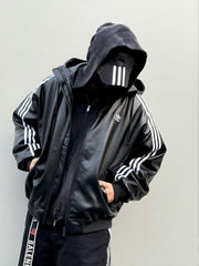Adidas Originals Men's And Women's Spring And Fall Models Three Stripes Color Blocking Loose Sports Hooded Leather Jacket #98641