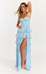 Bella Maxi Dress - Strapless Corset Bodice Lace Up Back Tiered Ruffle Dress in Soft Blue