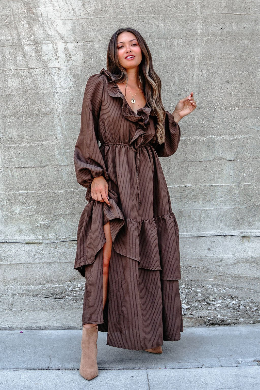 Dark Brown Striped Ruffle Tiered Maxi Dress - FINAL SALE