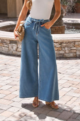 Denim Belted Wide Leg Pants-FINAL SALE