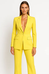 Ladies Plunging Trouser Suit Set – Single-Button Blazer. Straight-Leg