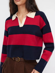 Knit Stripe Polo Collar V-neck Long Sleeve Oversized Top