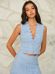 Scalloped Neckline Button-Front Eyelet Crop Top