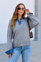 Elan Grey Denim Collar Long Sleeve Sweater