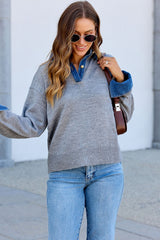 Elan Grey Denim Collar Long Sleeve Sweater