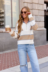 Elan Striped Half Zip Pullover - Camel
