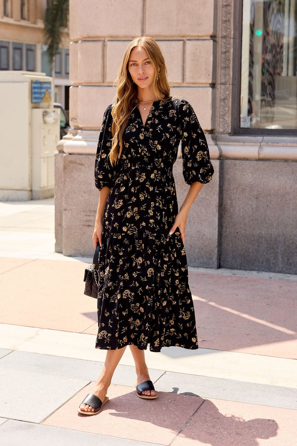 Ember Floral Midi Dress - Black