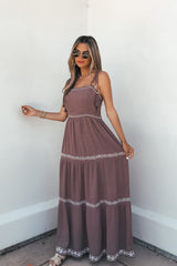 Embroidered Tiered Maxi Sun Dress - Mocha