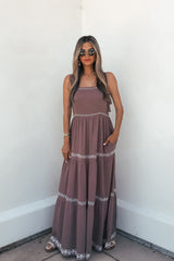 Embroidered Tiered Maxi Sun Dress - Mocha