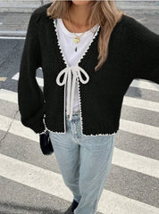 Women's Tie-Front Cardigan – Cropped Knit Layer with Contrast Trim
