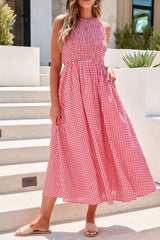 Gingham Open Back Midi Dress - Red - FINAL SALE