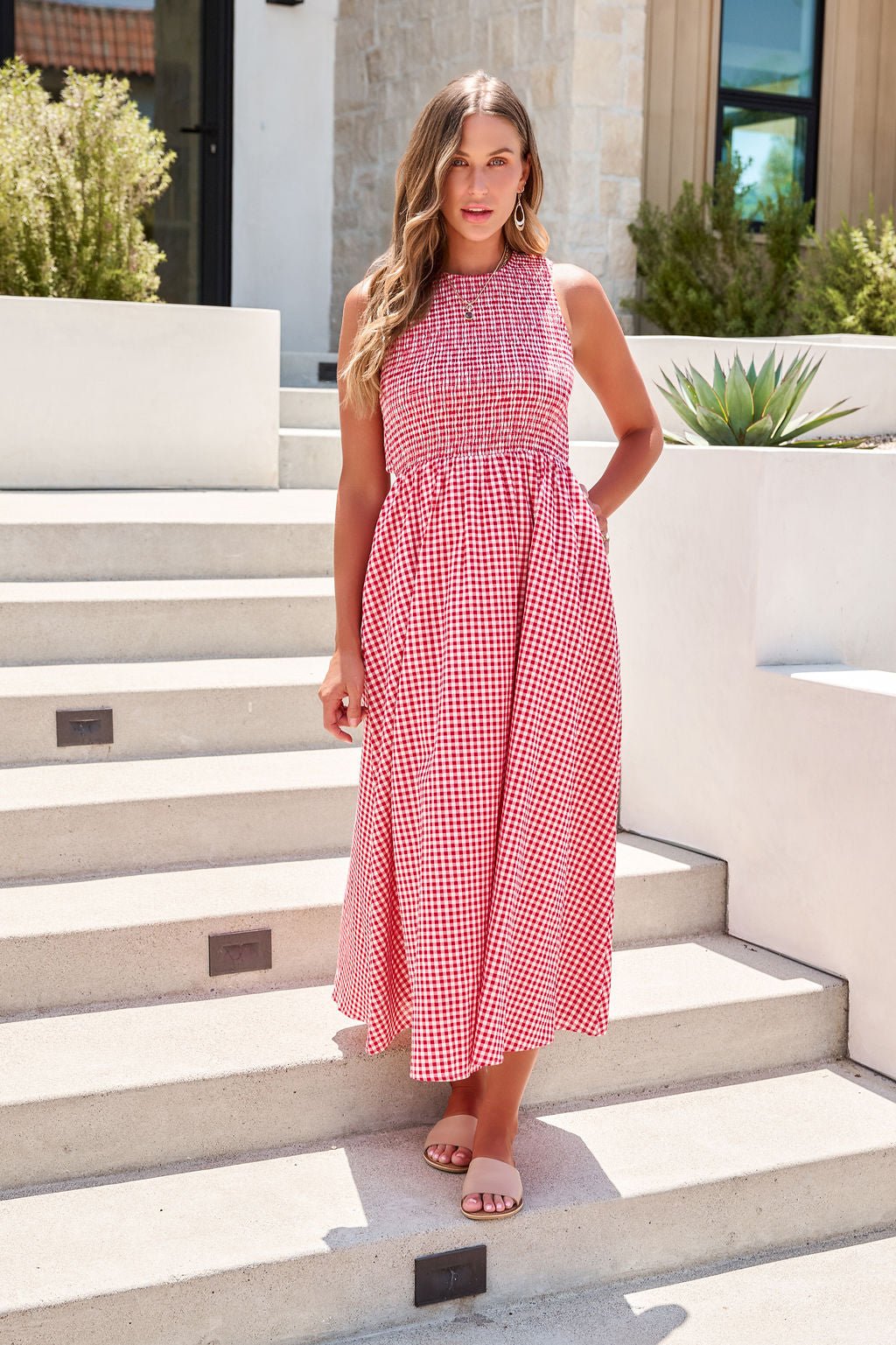 Gingham Open Back Midi Dress - Red - FINAL SALE