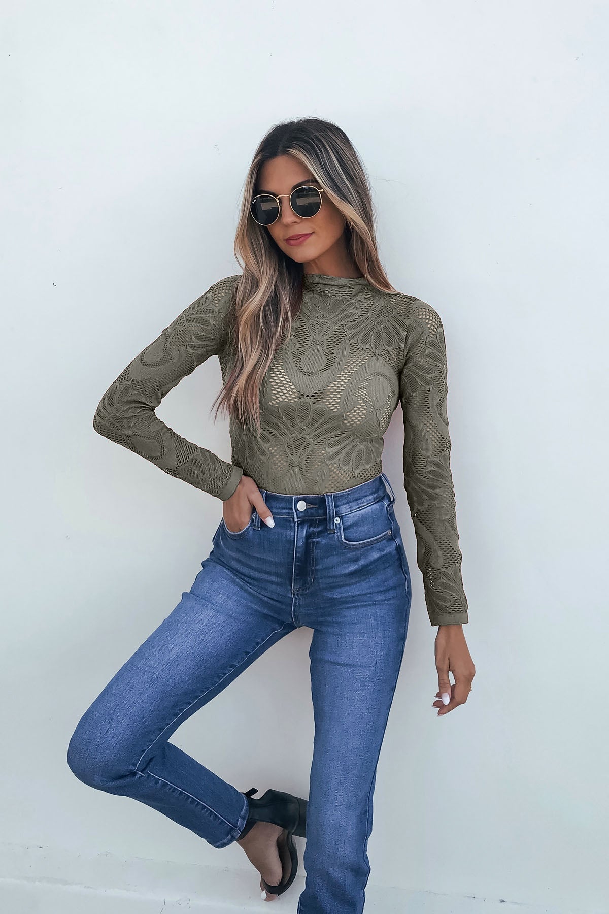 Green Mock Neck Fishnet Top