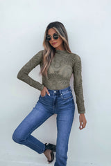 Green Mock Neck Fishnet Top