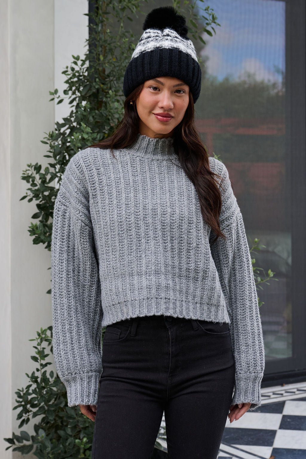 Grey Wide Sleeve Ribbed Mock Neck Sweater - FINAL SALE