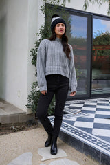Grey Wide Sleeve Ribbed Mock Neck Sweater - FINAL SALE