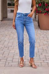 High Rise Frayed Straight Leg Jeans - Medium Wash