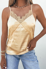 Jolene Lace Trim Satin Tank Top - Yellow - FINAL SALE