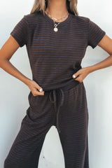 Kacey Striped Short Sleeve Top - Brown