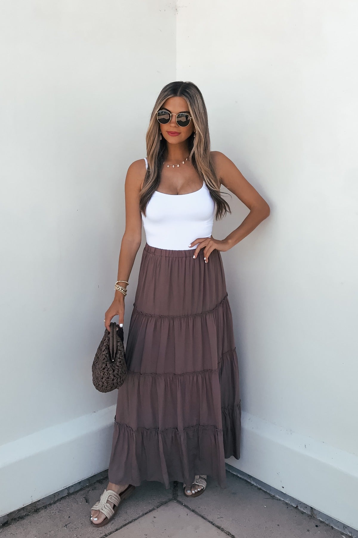 Lori Ruffle Tiered Maxi Skirt - Mocha-FINAL SALE