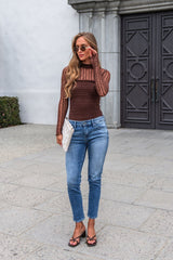 Brown Mock Neck Sheer Lace Bodysuit