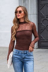 Brown Mock Neck Sheer Lace Bodysuit