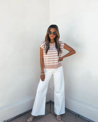 Light Taupe Striped Cap Sleeve Sweater